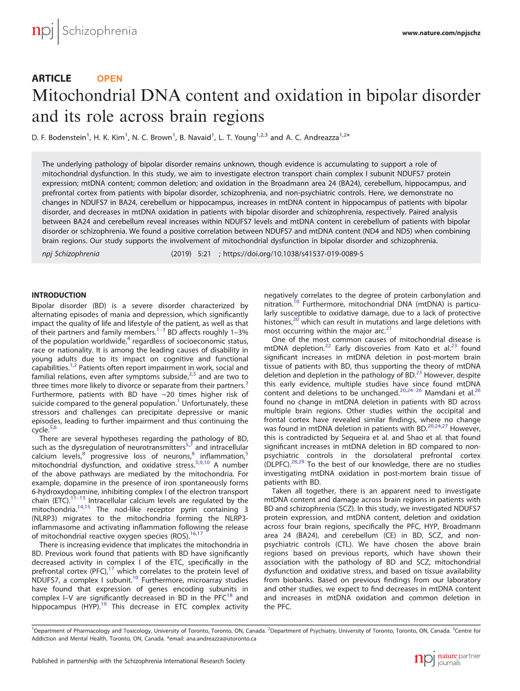 Mitochondrial DNA Content and Oxidation in Bipolar Disorder and Its Role Across Brain Regions