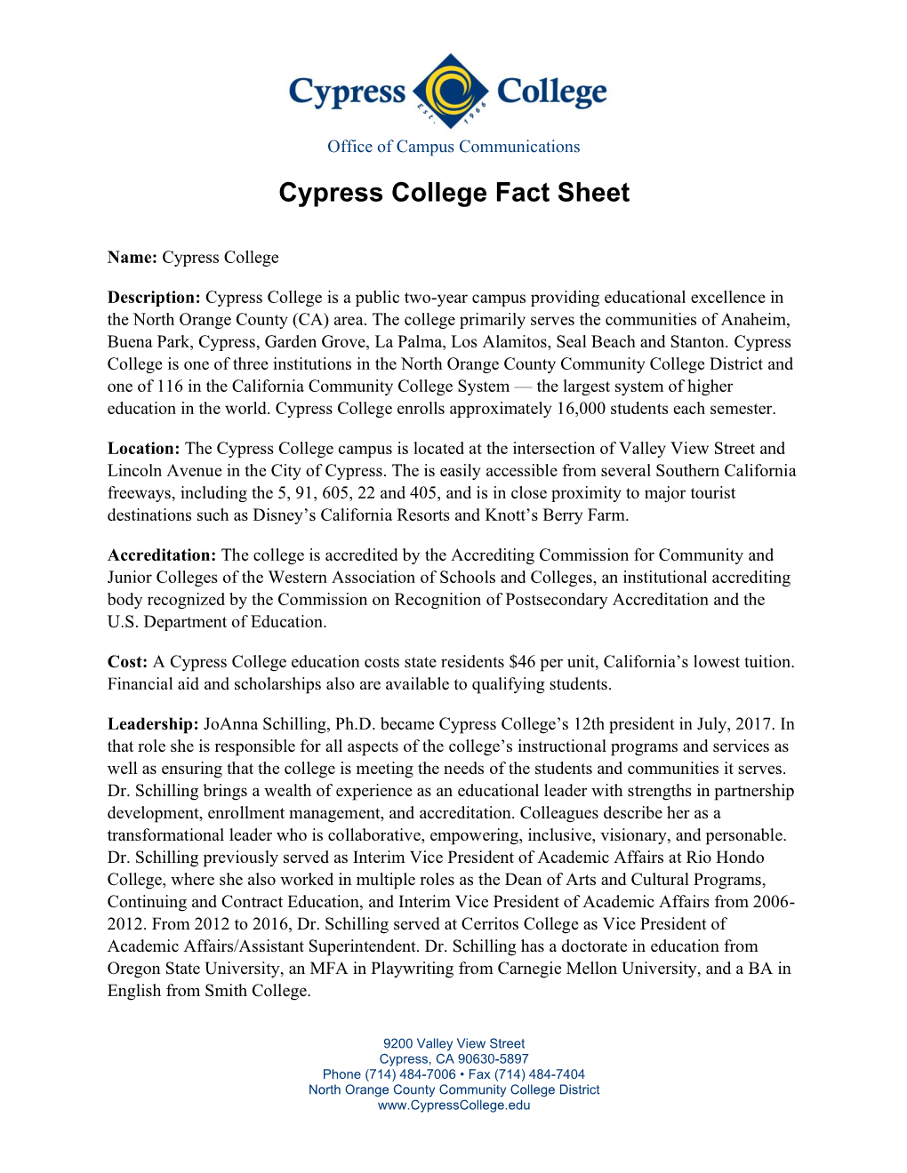 Cypress College Fact Sheet