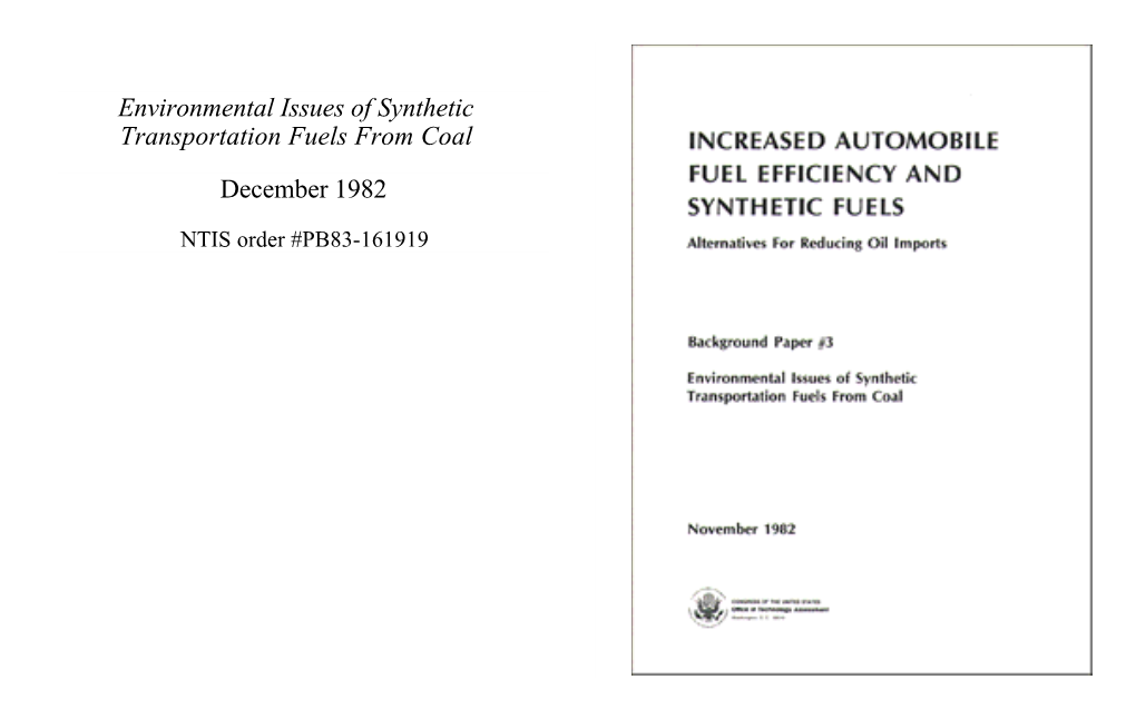 Environmental Issues of Synthetic Transportation Fuels from Coal