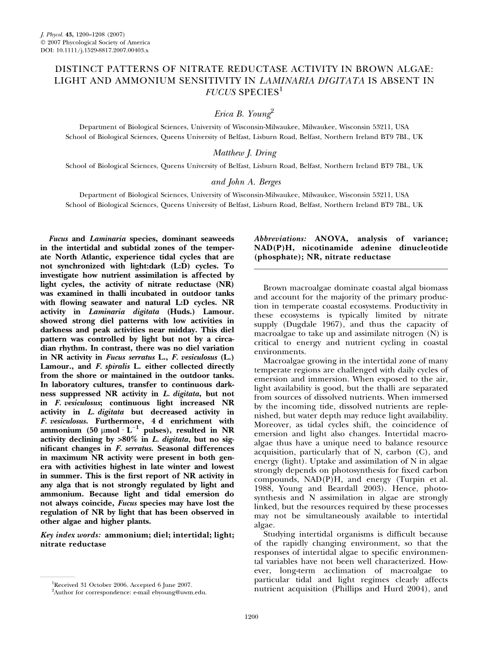 Distinct Patterns of Nitrate Reductase Activity in Brown Algae: Light and Ammonium Sensitivity in Laminaria Digitata Is Absent in Fucus Species1