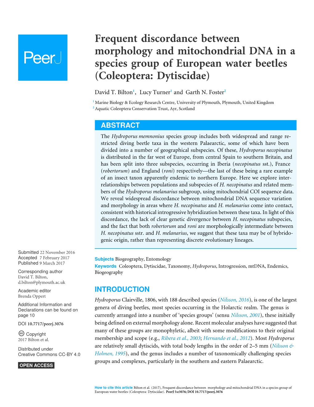 Frequent Discordance Between Morphology and Mitochondrial DNA in a Species Group of European Water Beetles (Coleoptera: Dytiscidae)