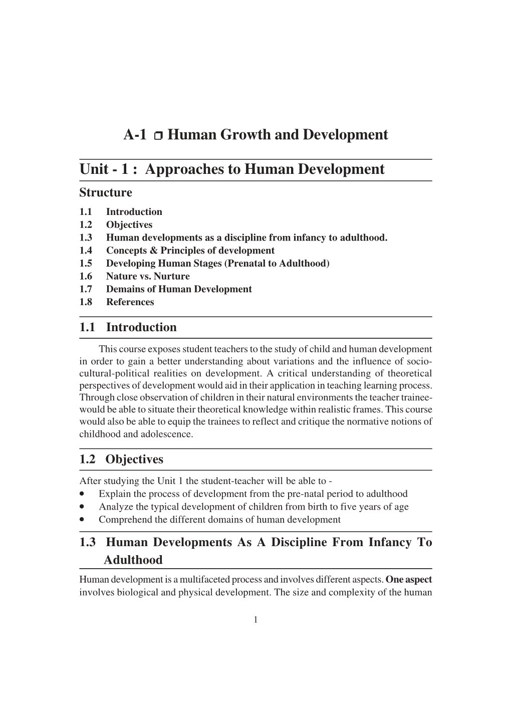 A-1 Human Growth and Development Unit