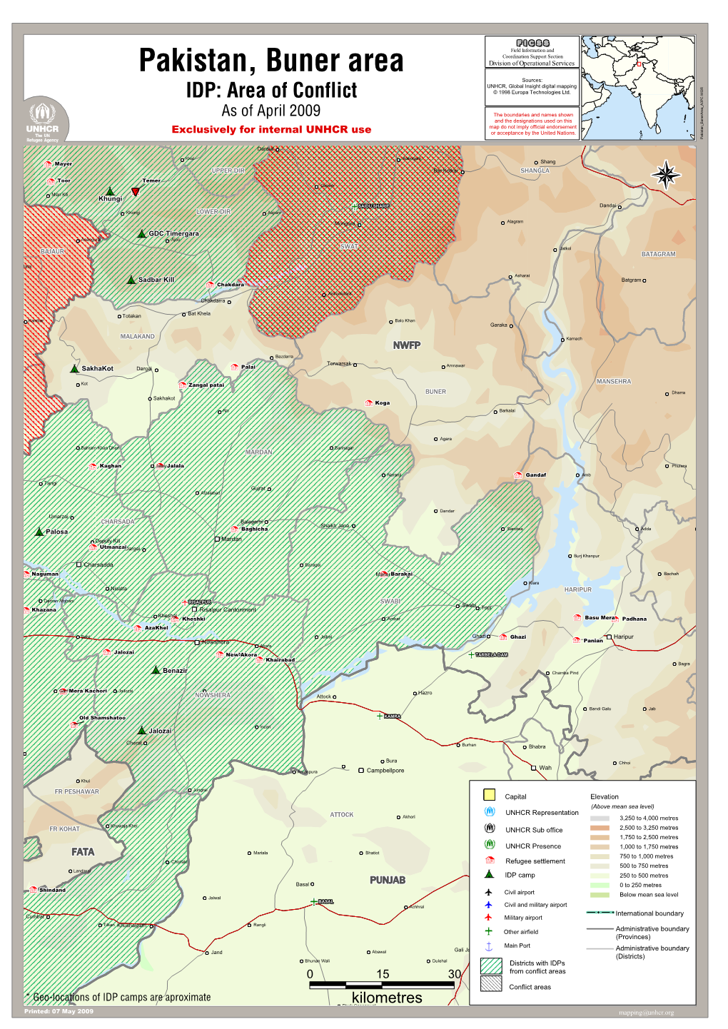 Pakistan, Buner Area Division of Operational Services Sources: UNHCR, Global Insight Digital Mapping IDP: Area of Conflict © 1998 Europa Technologies Ltd