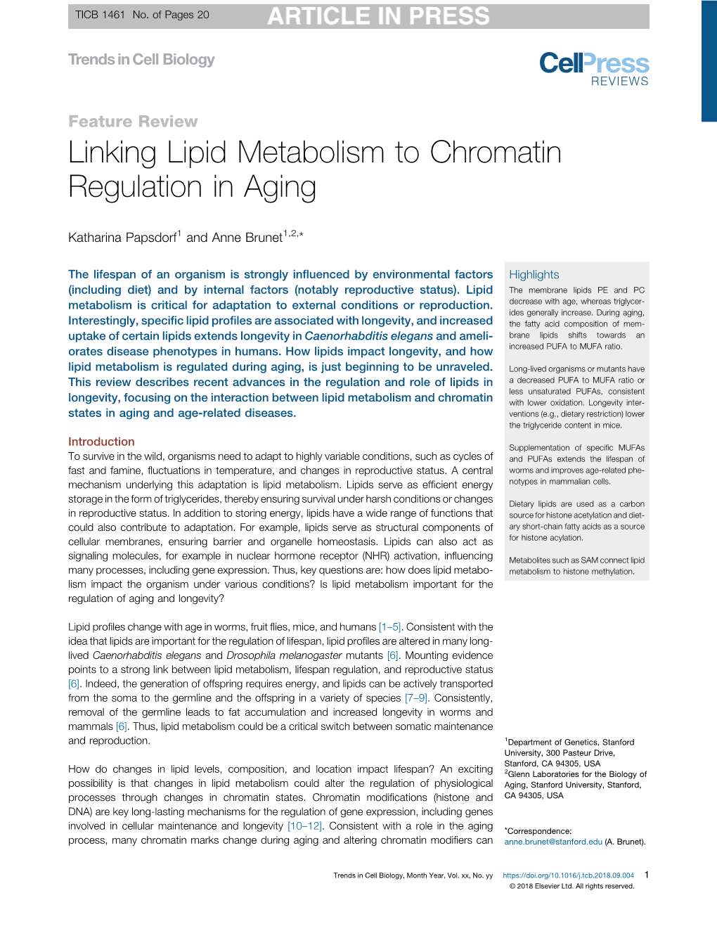 Linking Lipid Metabolism to Chromatin Regulation in Aging