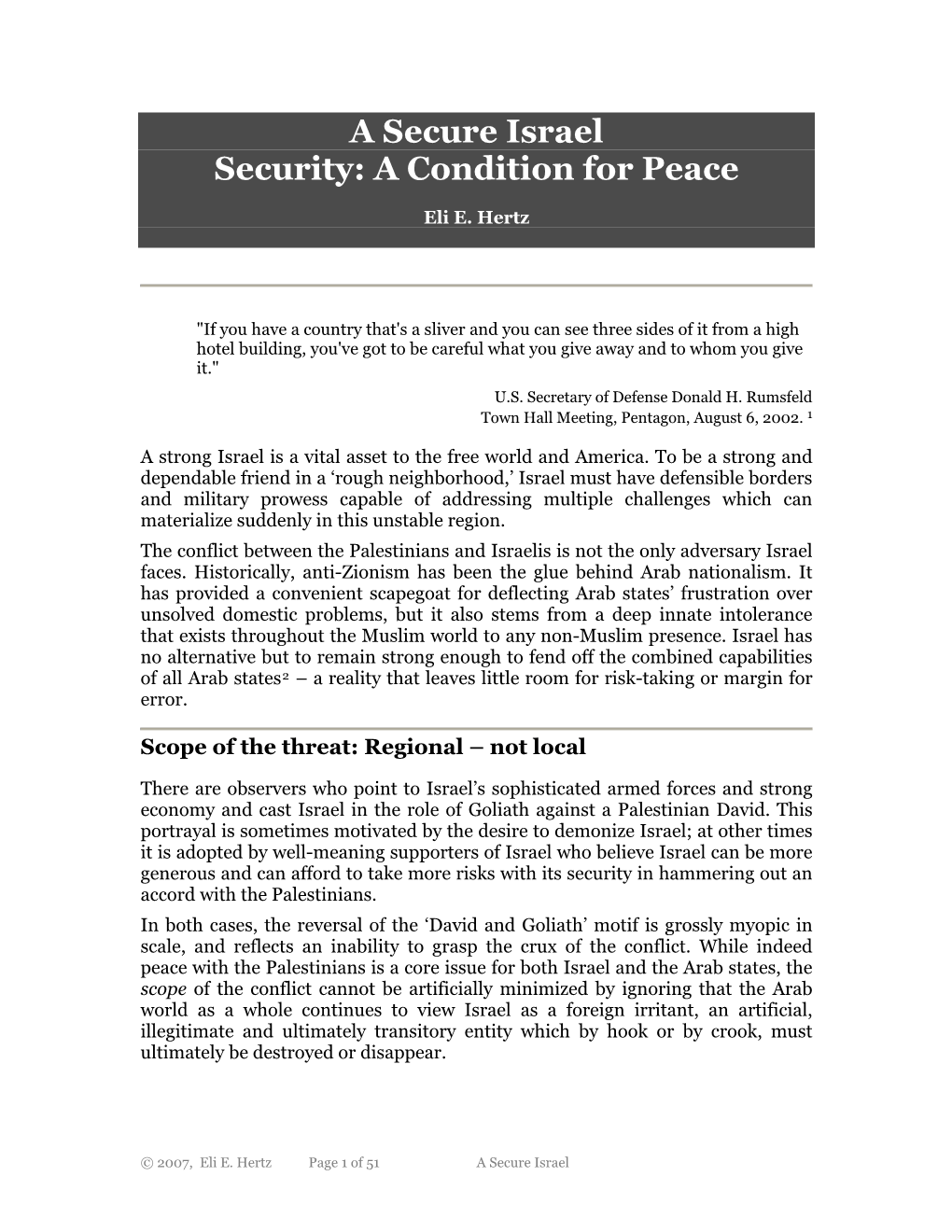 A Secure Israel Security: a Condition for Peace