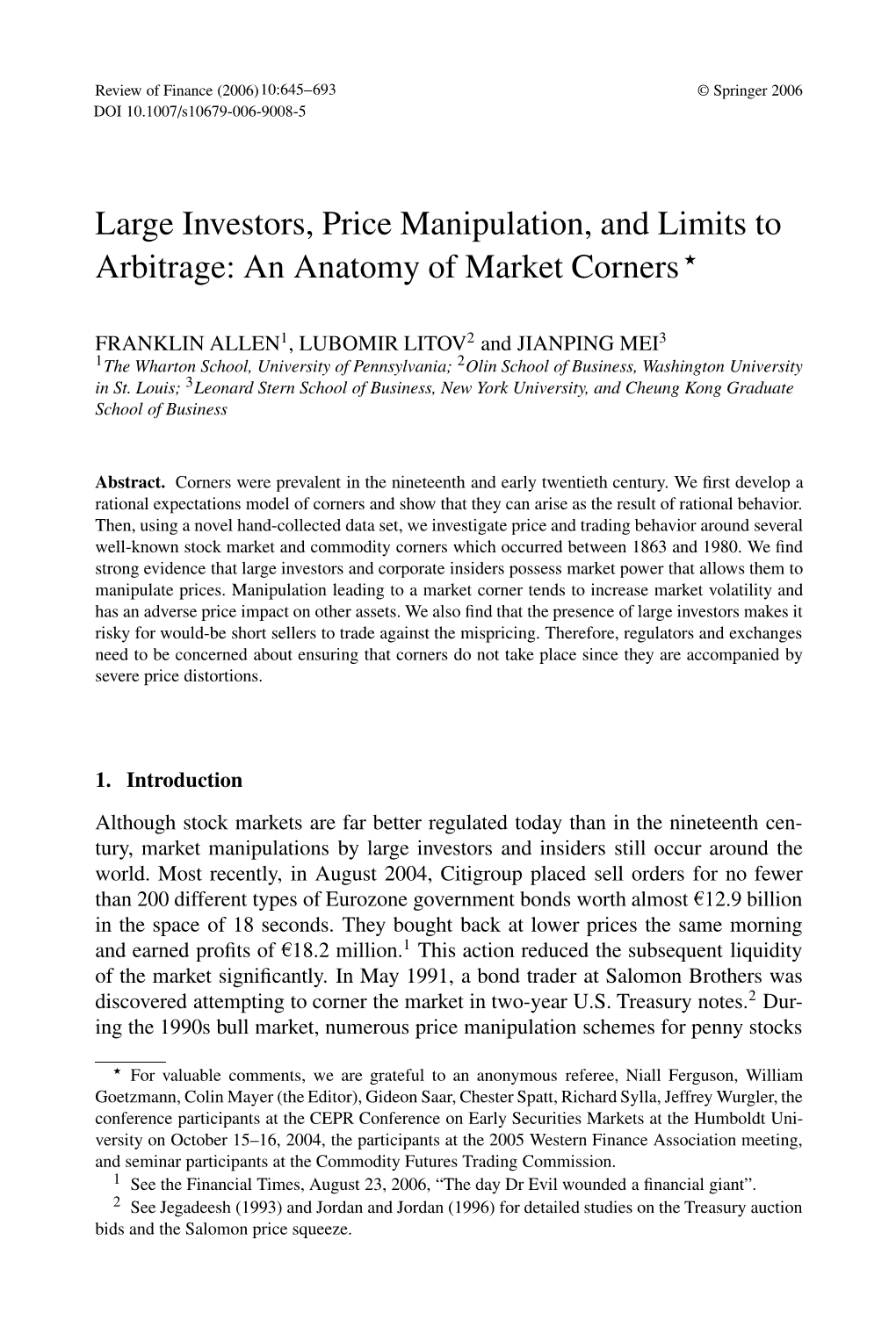 Large Investors, Price Manipulation, and Limits to Arbitrage: an Anatomy of Market Corners 