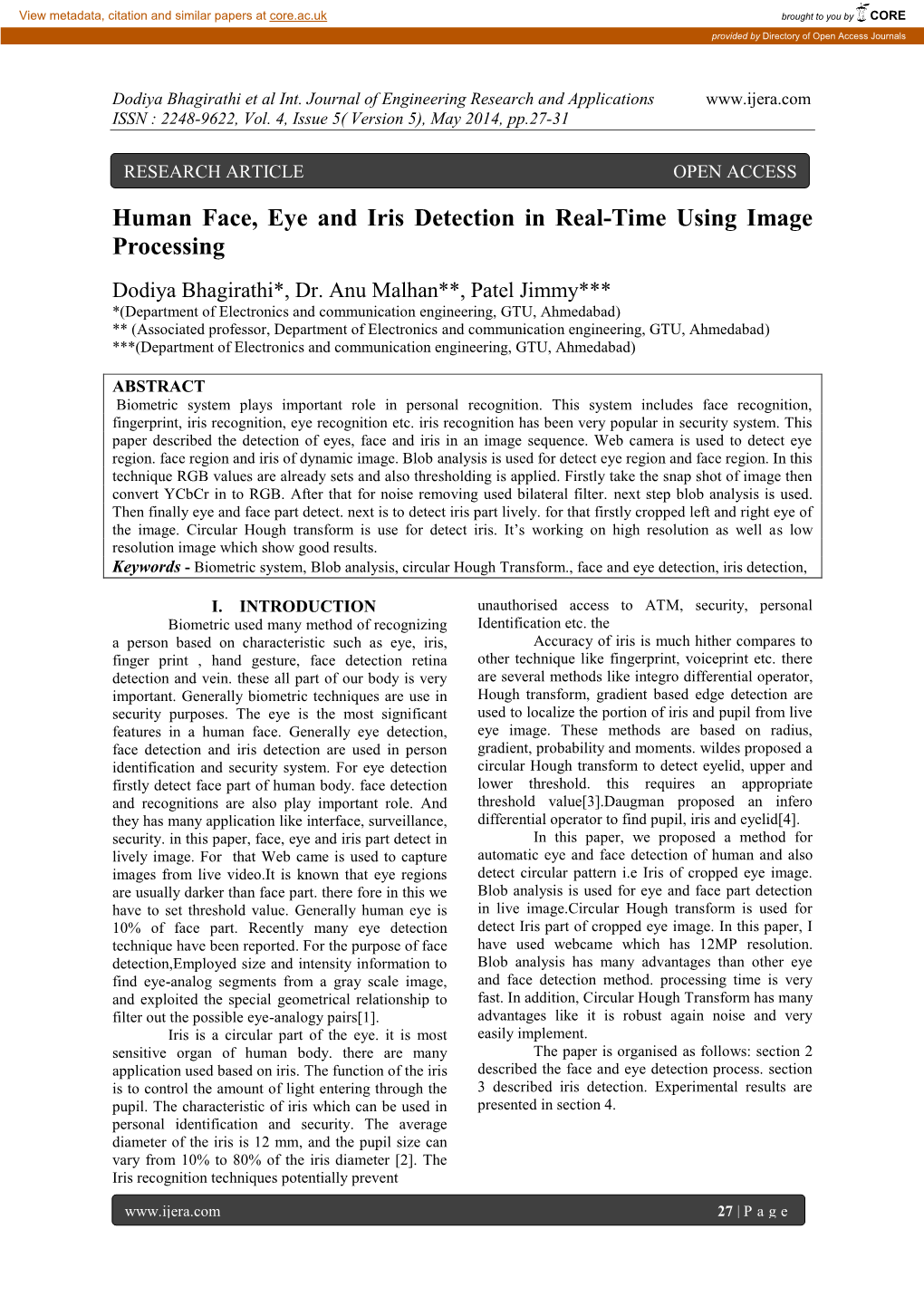 Human Face, Eye and Iris Detection in Real-Time Using Image Processing