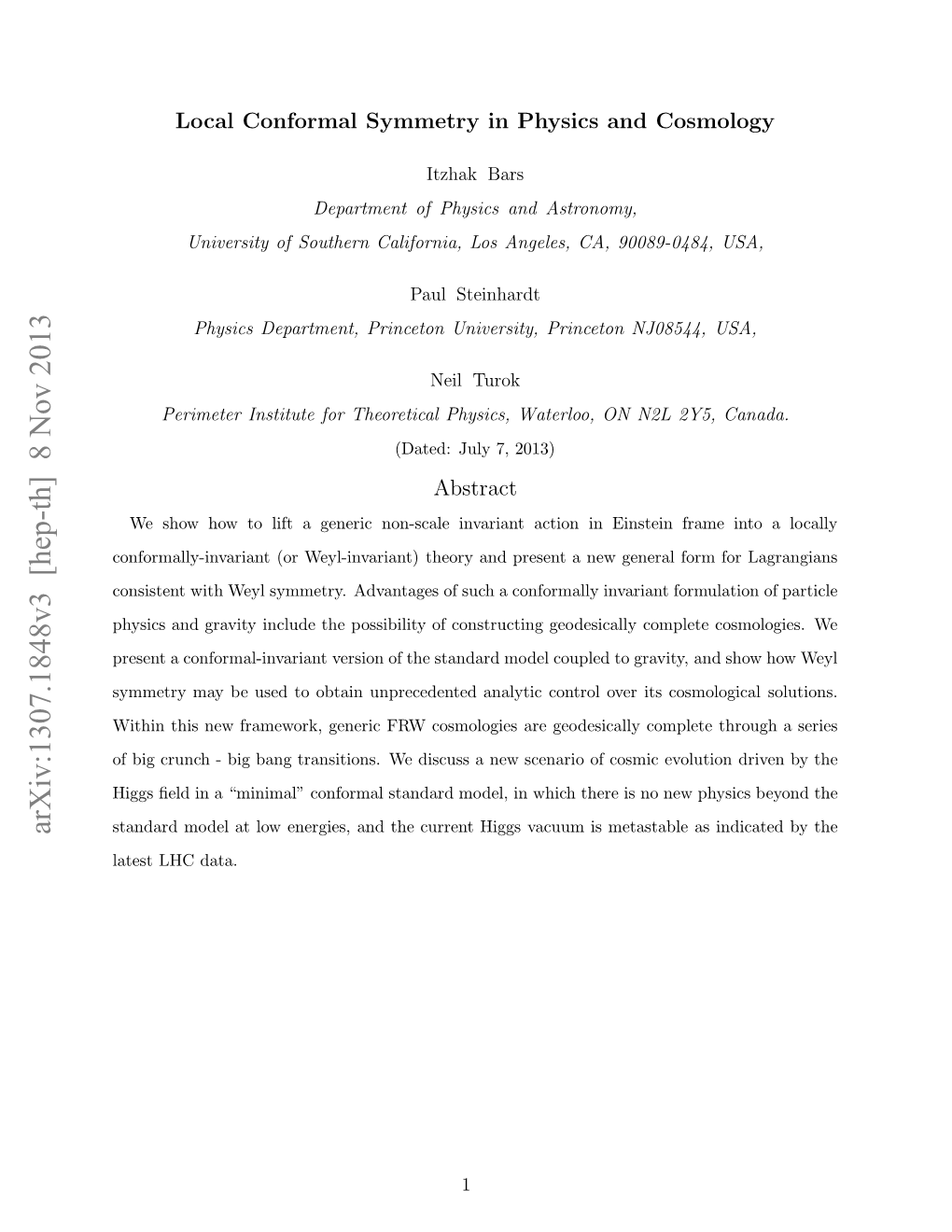 Arxiv:1307.1848V3 [Hep-Th] 8 Nov 2013 Tnadmdla O Nris N H Urn Ig Vacuum Higgs Data