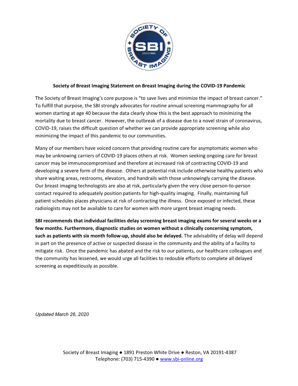 Society of Breast Imaging Statement on Breast Imaging During the COVID-19 Pandemic