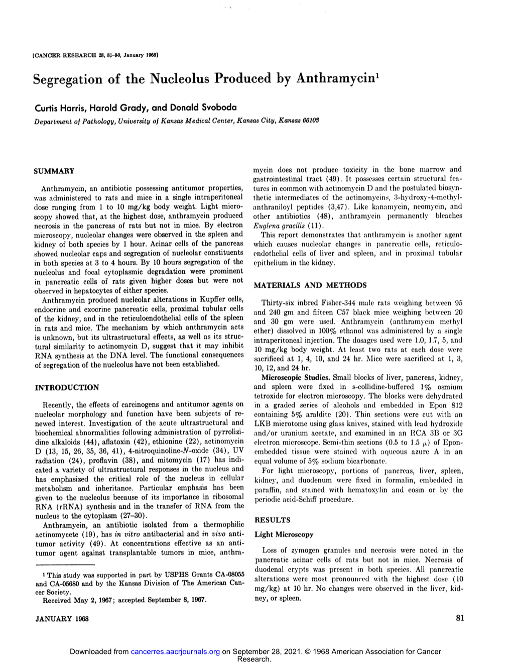 Segregation of the Nucleolus Produced by Anthramycin1