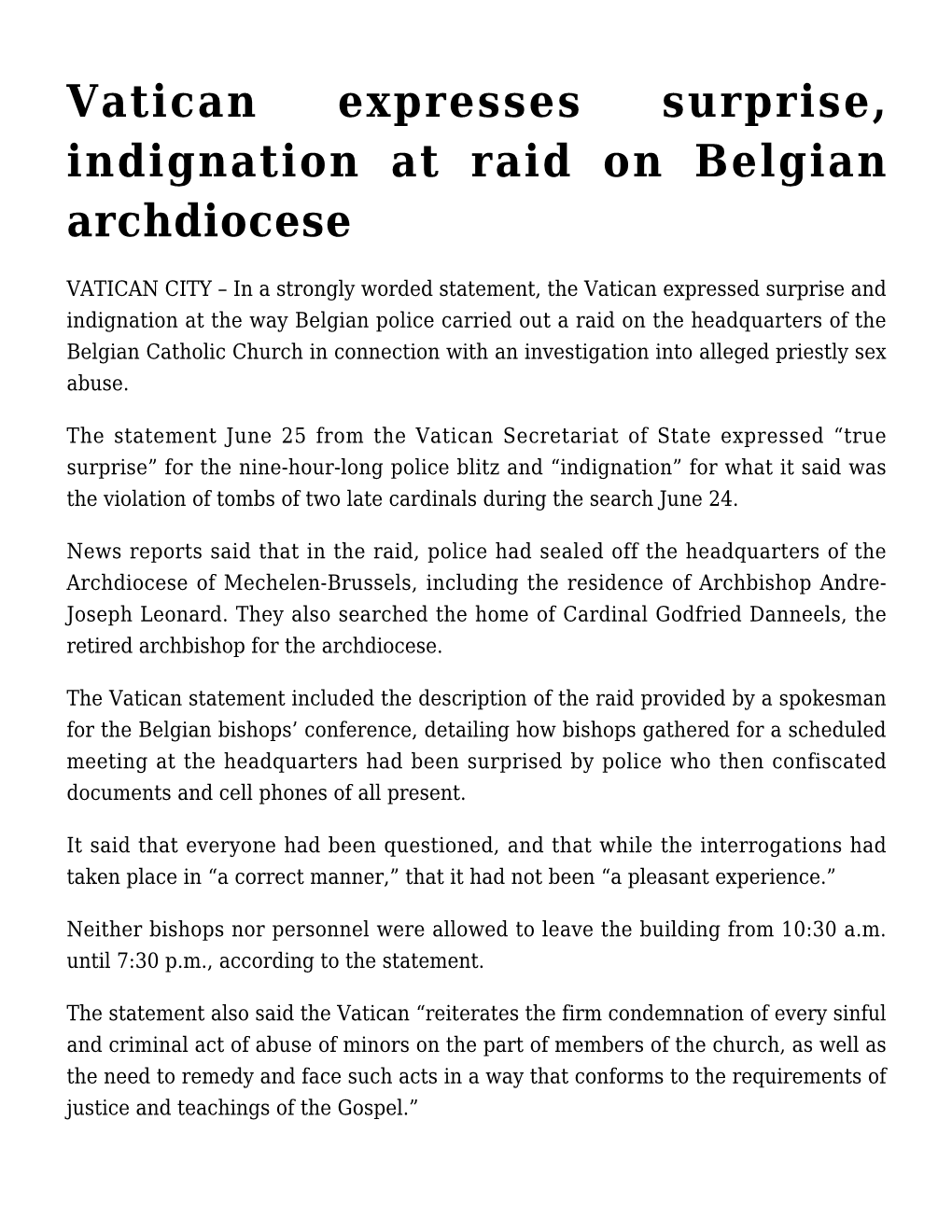 Vatican Expresses Surprise, Indignation at Raid on Belgian Archdiocese