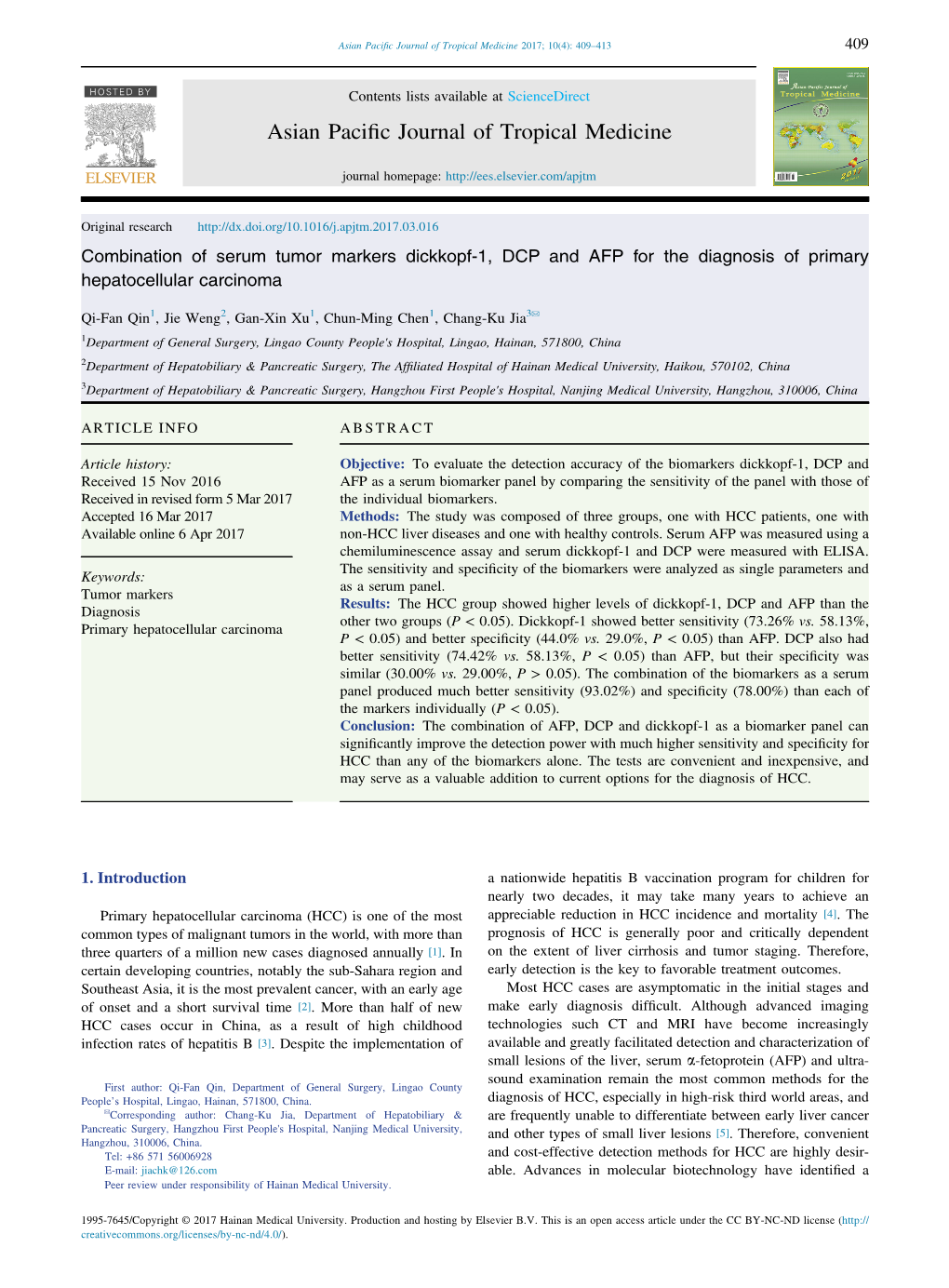 Combination of Serum Tumor Markers Dickkopf-1, DCP and AFP for the Diagnosis of Primary Hepatocellular Carcinoma