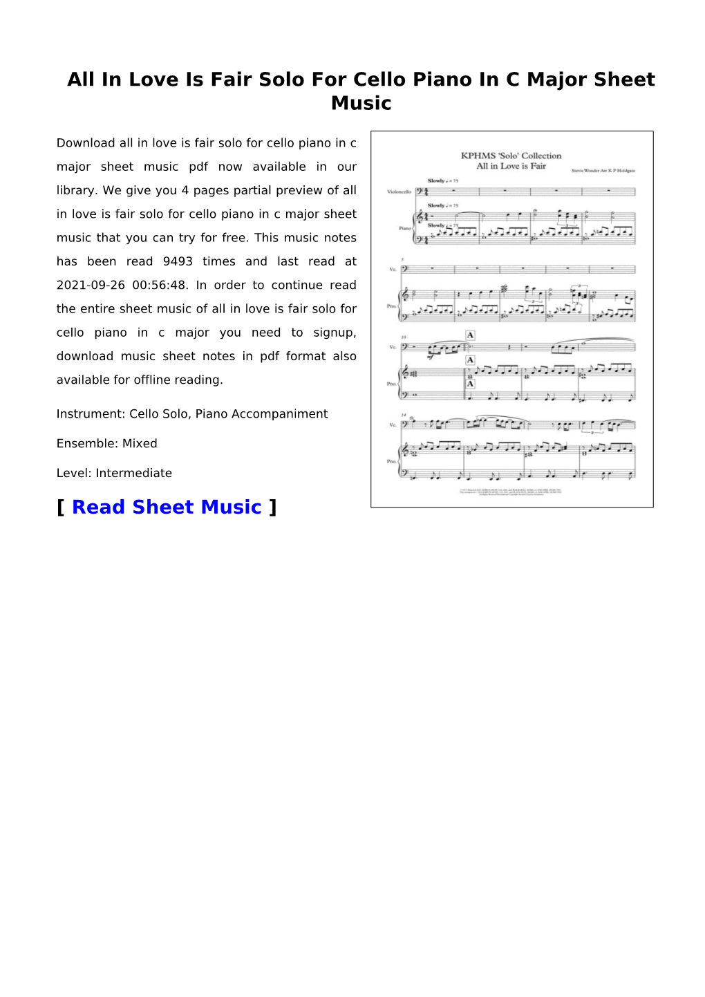 All in Love Is Fair Solo for Cello Piano in C Major Sheet Music