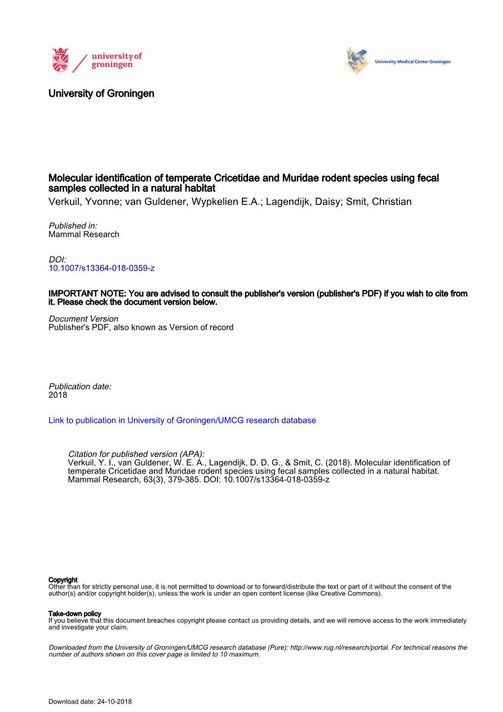 Molecular Identification of Temperate Cricetidae and Muridae Rodent