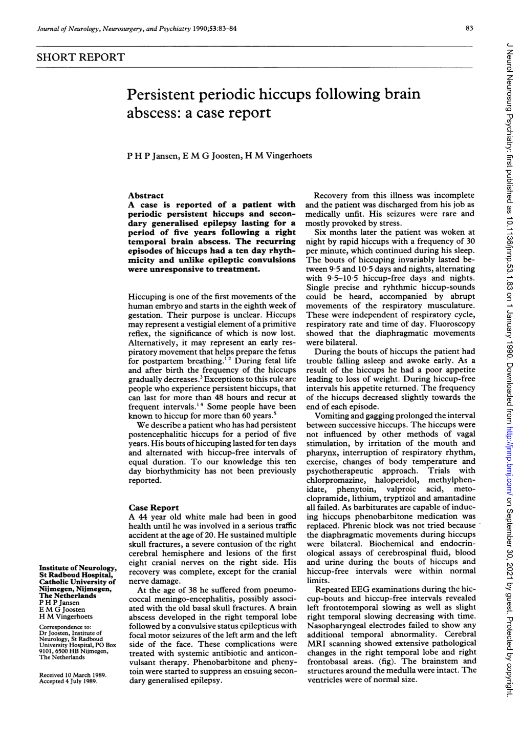 Persistent Periodic Hiccups Following Brain Abscess: a Case Report