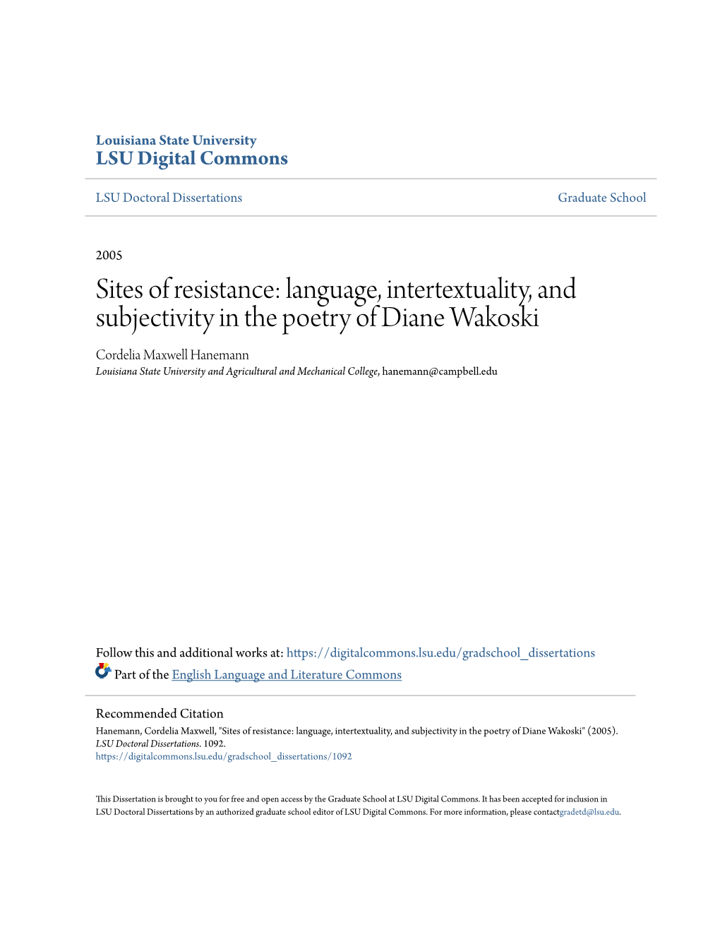 Language, Intertextuality, and Subjectivity in the Poetry of Diane