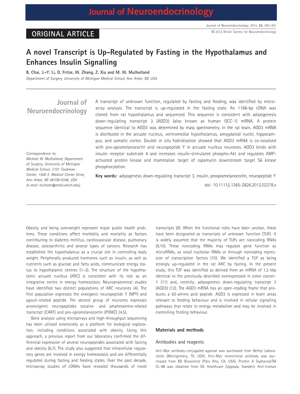 A Novel Transcript Is Upregulated by Fasting in the Hypothalamus and Enhances Insulin Signalling