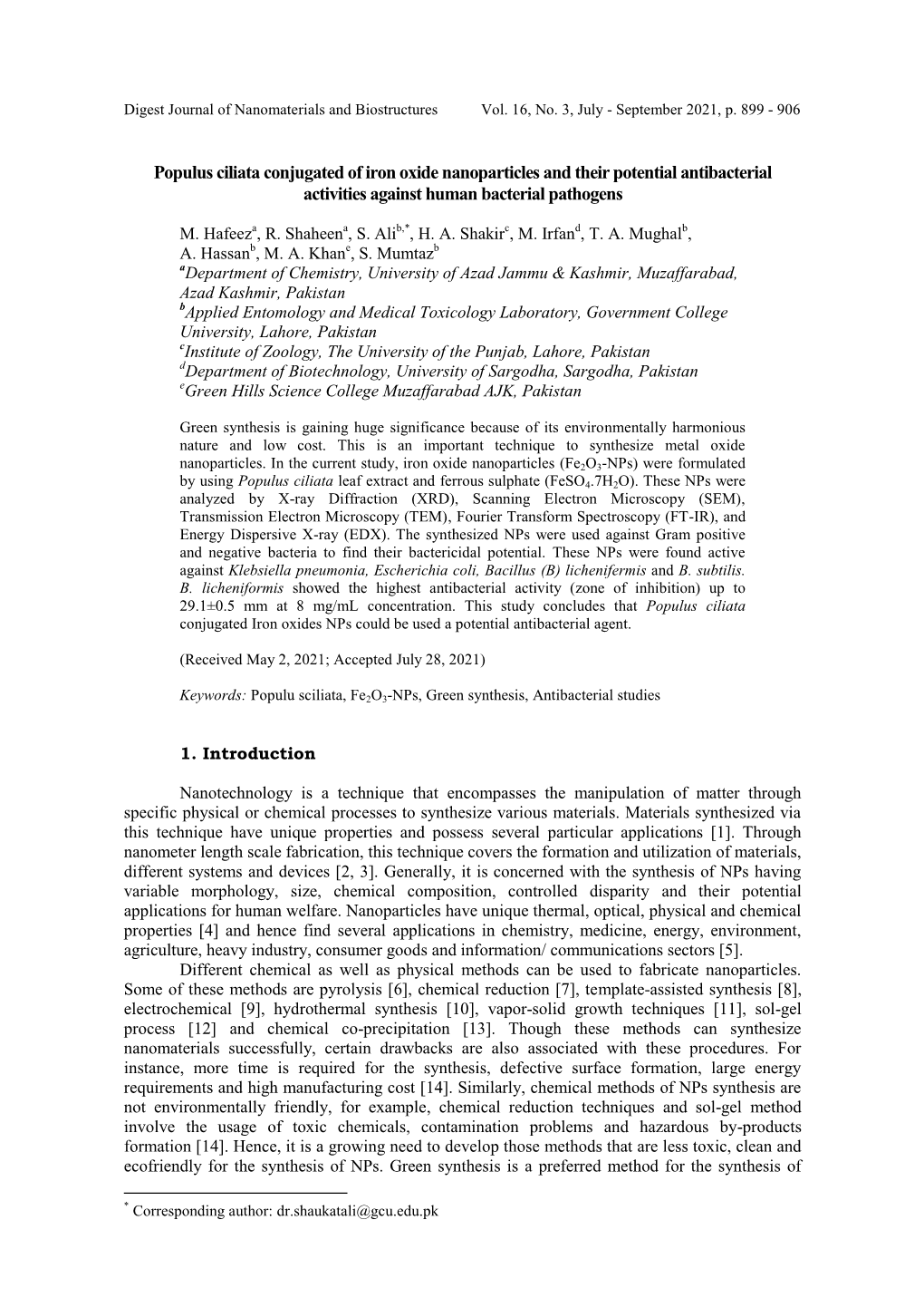 Populus Ciliata Conjugated of Iron Oxide Nanoparticles and Their Potential Antibacterial Activities Against Human Bacterial Pathogens