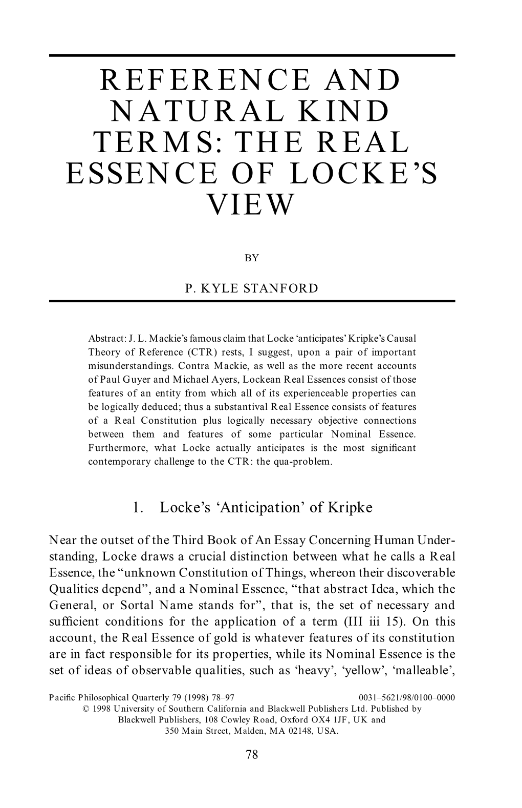 “Reference and Natural Kind Terms: the Real Essence of Locke's View