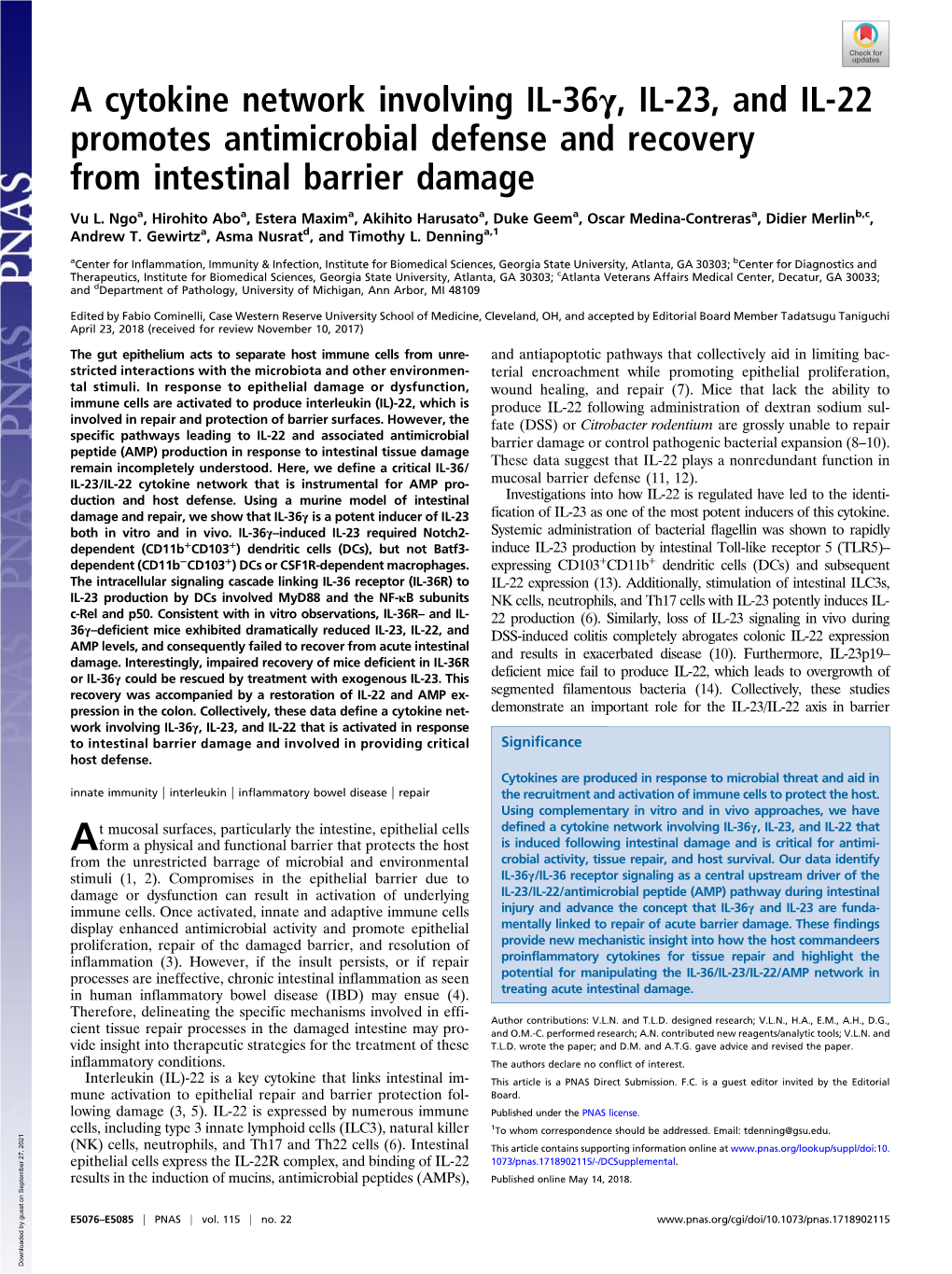 A Cytokine Network Involving IL-36Γ, IL-23, and IL-22 Promotes Antimicrobial Defense and Recovery from Intestinal Barrier Damage