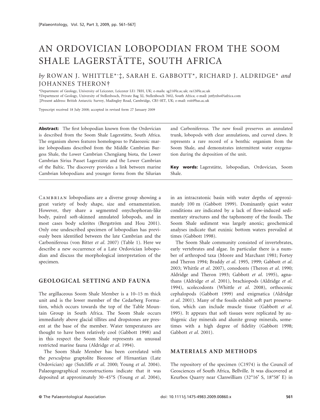 An Ordovician Lobopodian from the Soom Shale Lagerstätte, South Africa