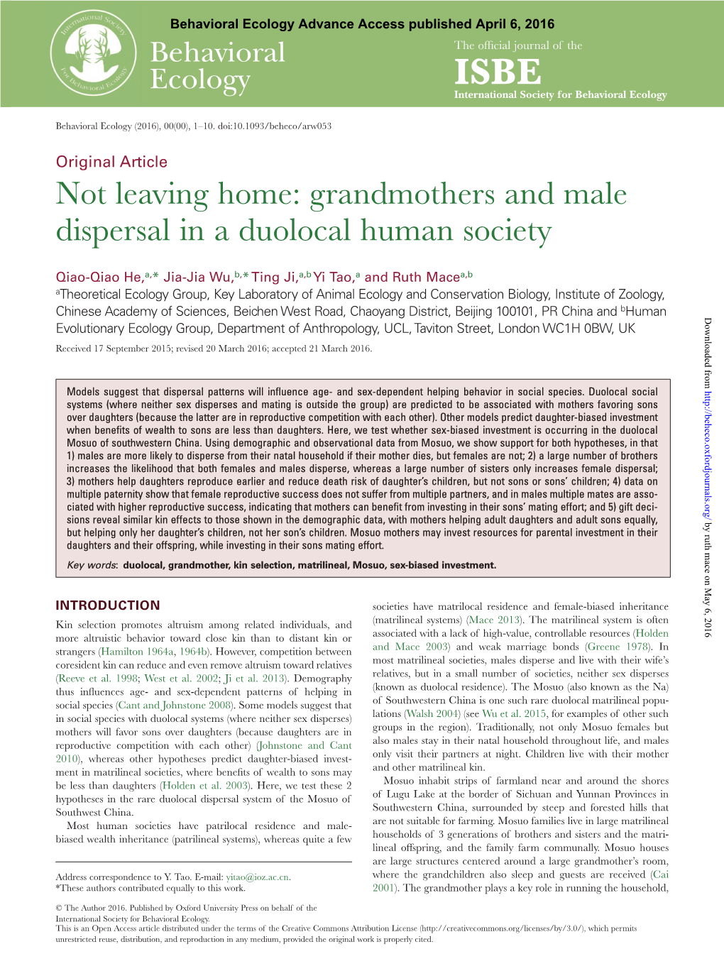 Not Leaving Home: Grandmothers and Male Dispersal in a Duolocal Human Society
