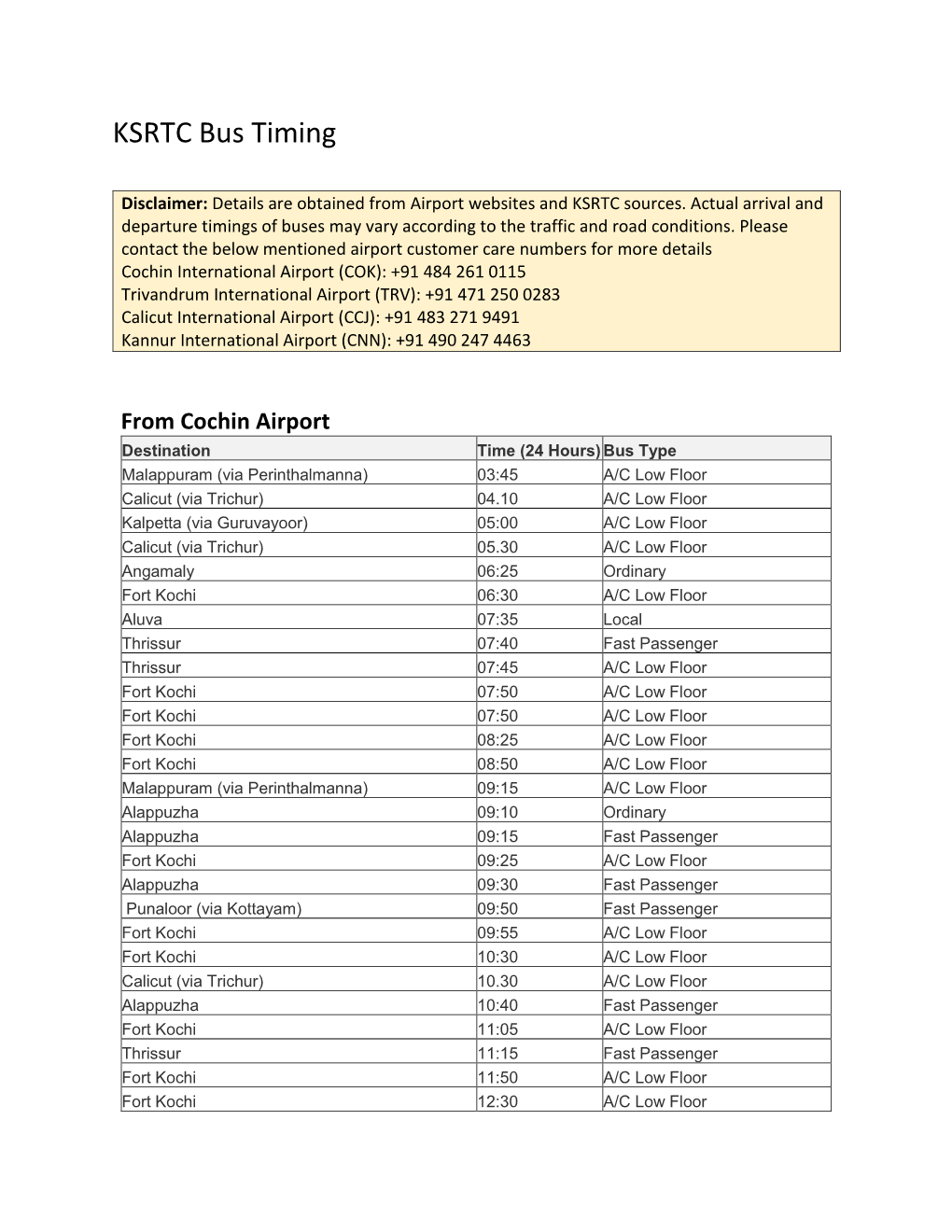 KSRTC Bus Timing