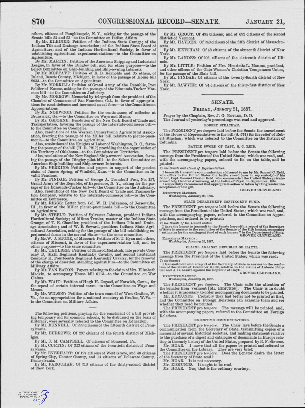CONGRESSIONAL RECORD-SENATE. JANUARY 21, Others, Citizens of Poughkeepsie, N.Y., Asking for the Passage of the by Mr