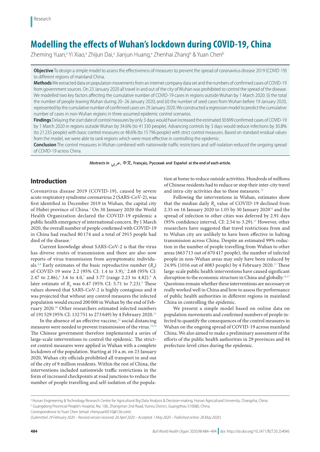 Modelling the Effects of Wuhan's Lockdown During COVID-19, China