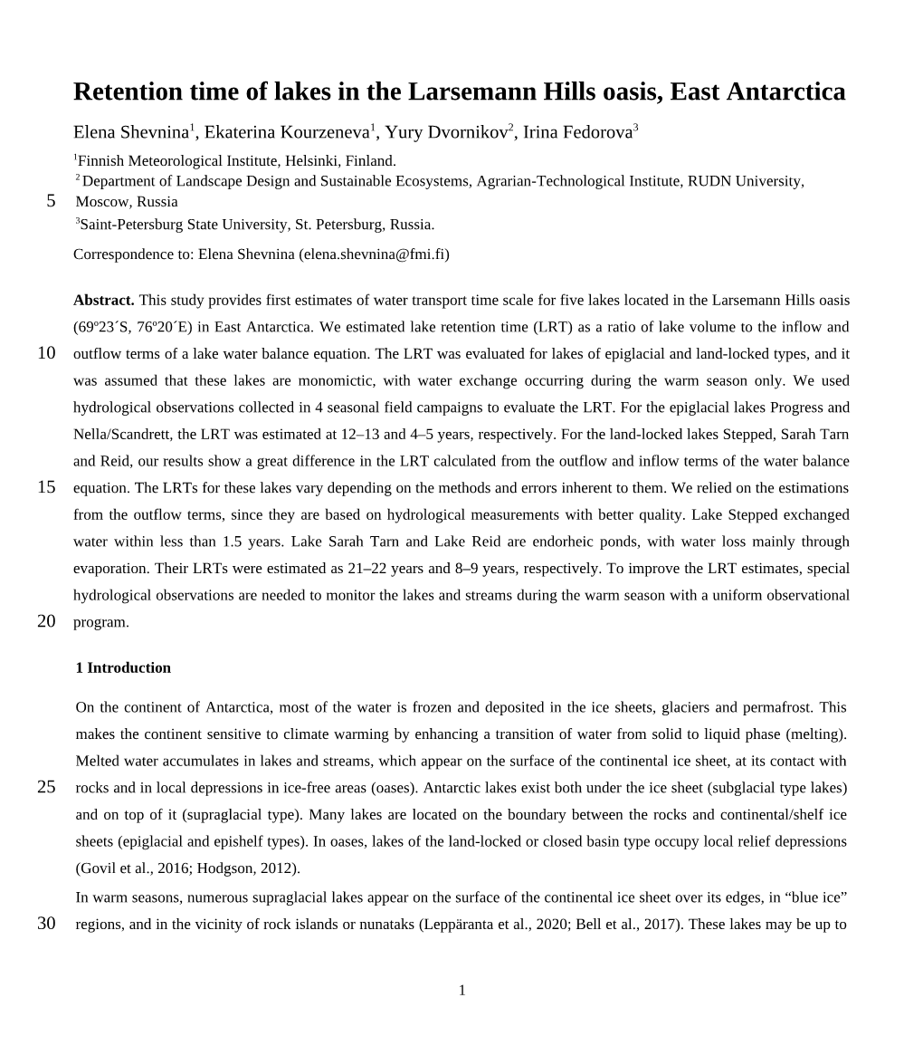 Retention Time of Lakes in the Larsemann Hills Oasis, East