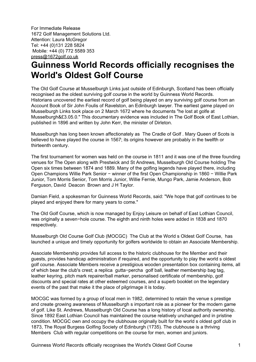 Guinness World Records Officially Recognises the World's Oldest Golf Course