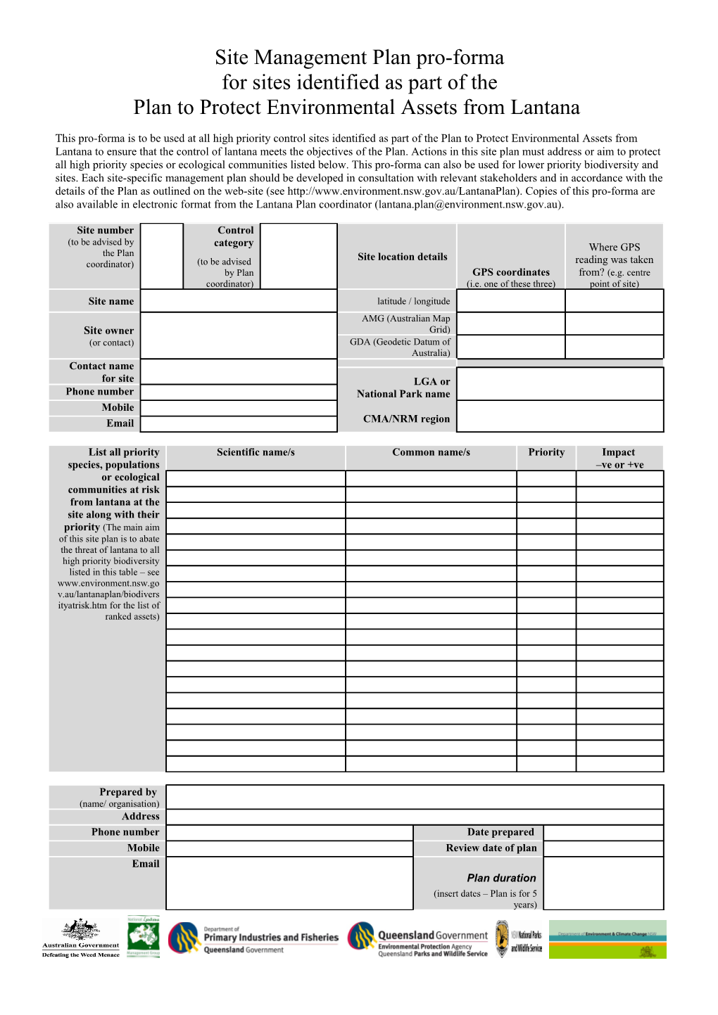 Site Management Plan Pro-Forma