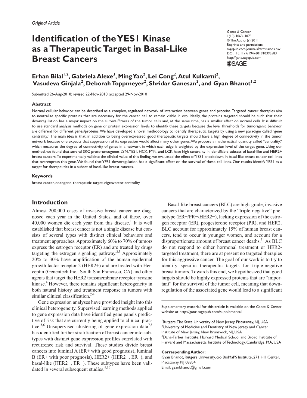 Identification of the YES1 Kinase As a Therapeutic Target in Basal-Like