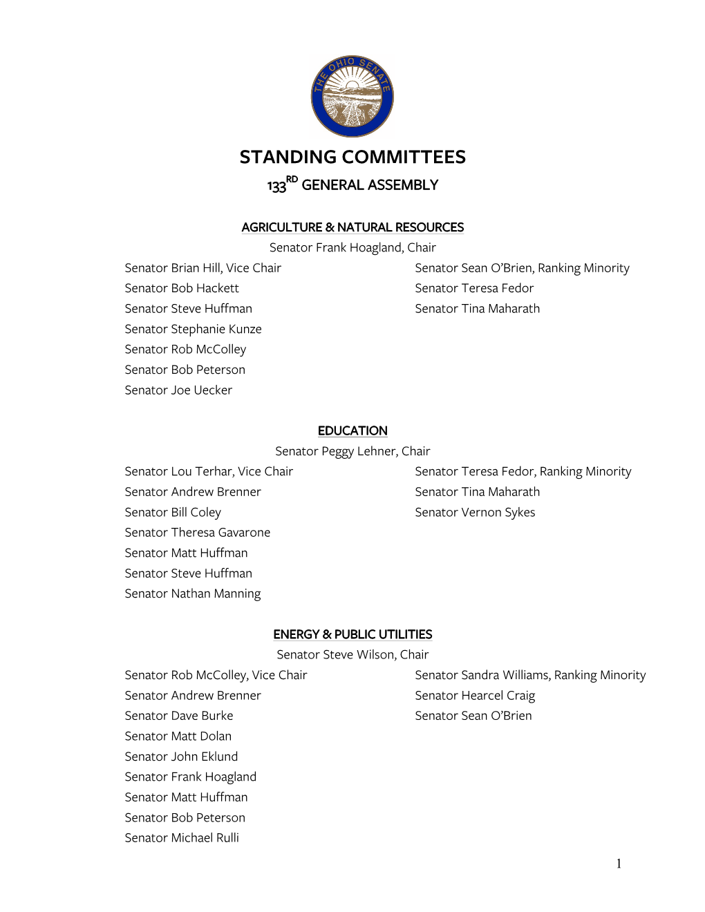 Standing Committees 133Rd General Assembly