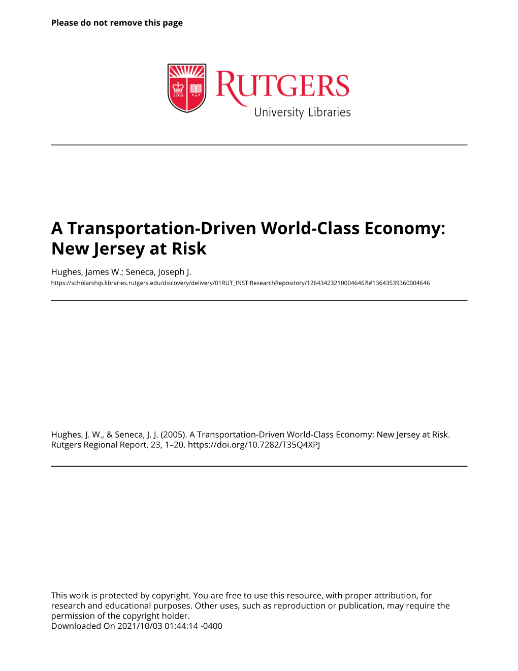 A Transportation-Driven World-Class Economy: New Jersey at Risk