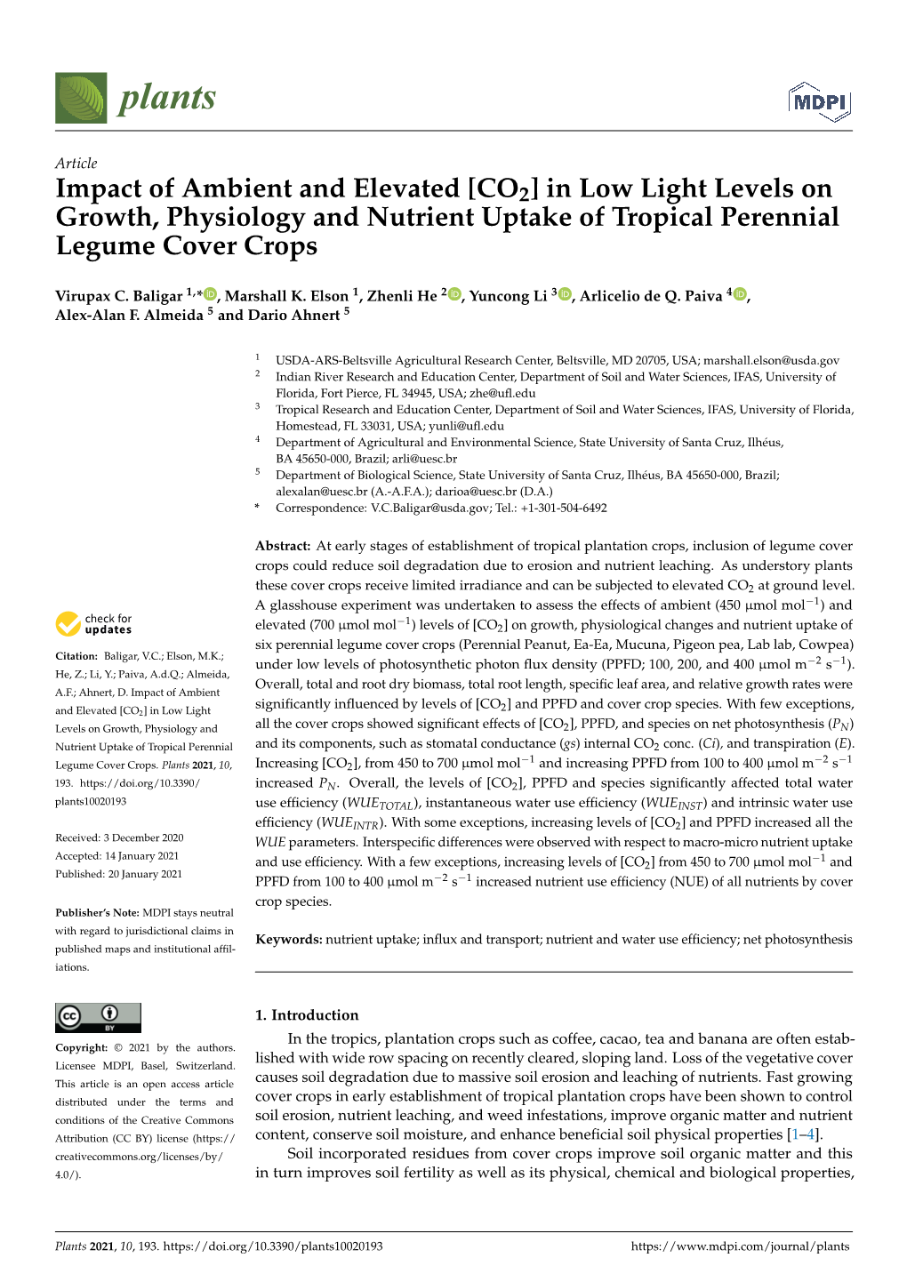 [CO2] in Low Light Levels on Growth, Physiology and Nutrient Uptake of Tropical Perennial Legume Cover Crops