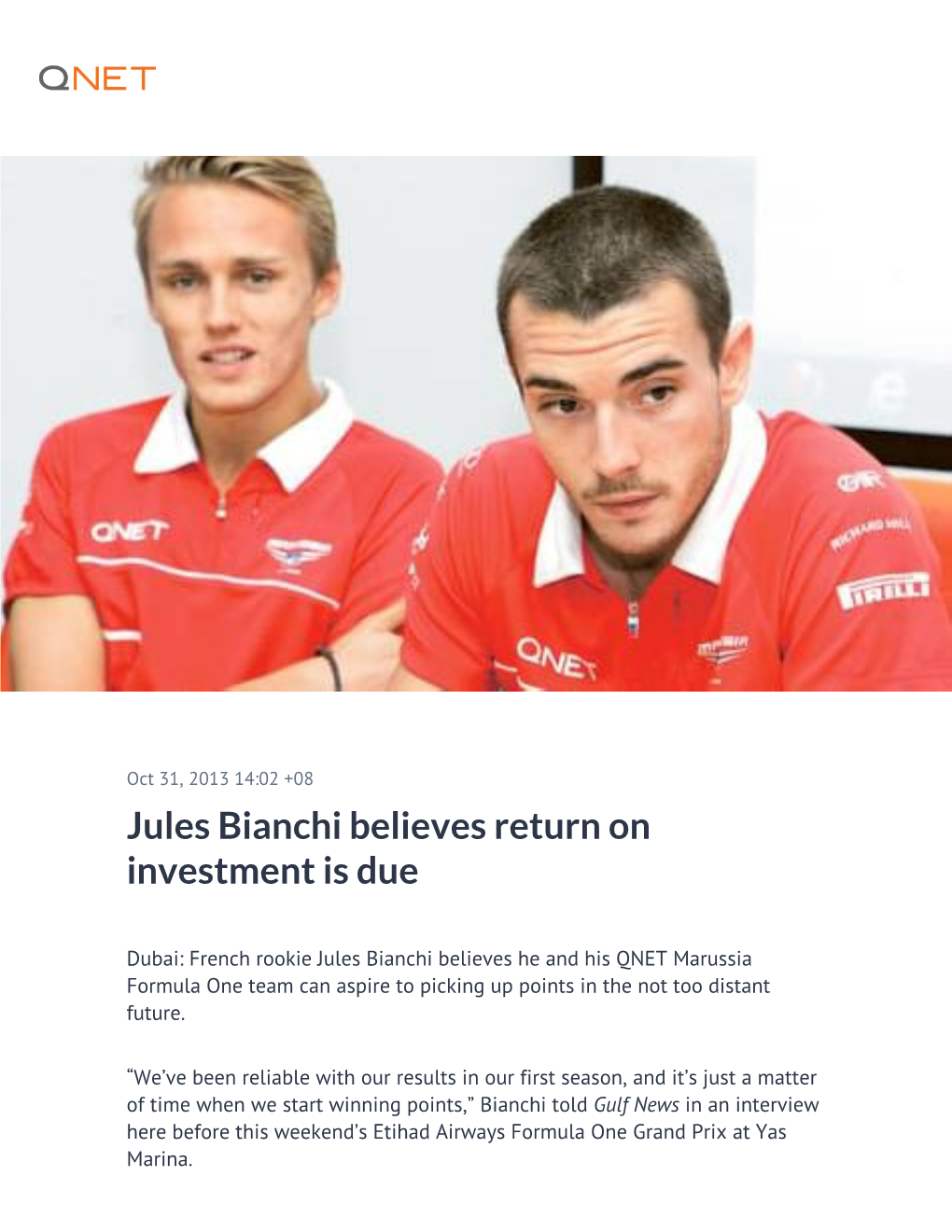 Jules Bianchi Believes Return on Investment Is Due