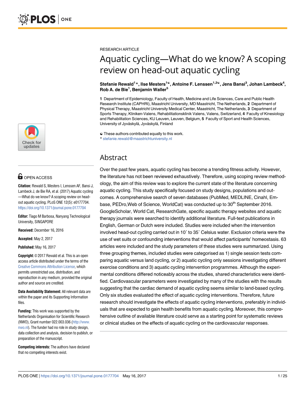 Aquatic Cycling—What Do We Know? a Scoping Review on Head-Out Aquatic Cycling