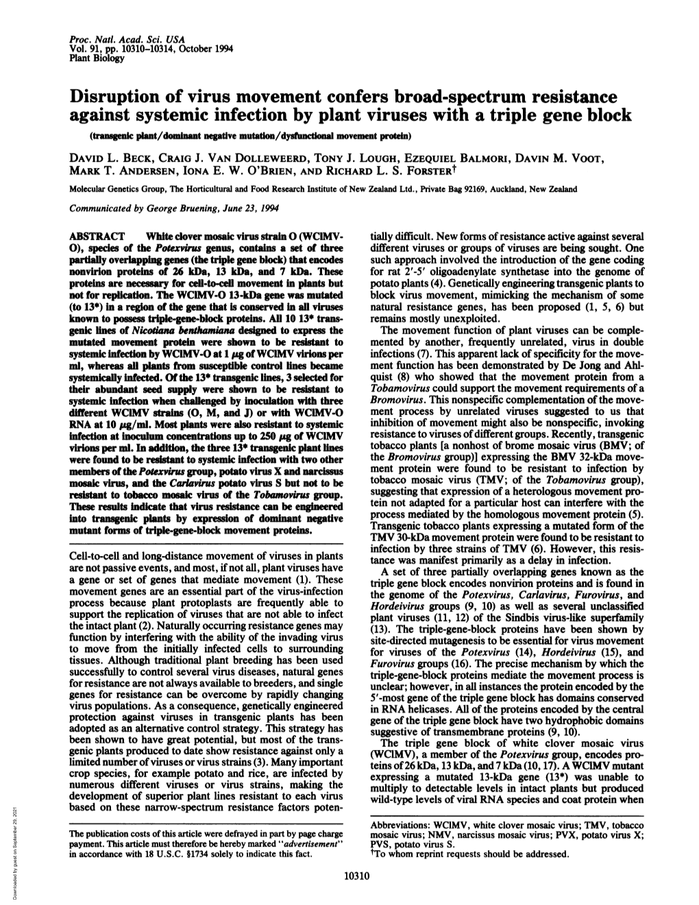 Disruption of Virus Movement Confers Broad-Spectrum Resistance Against