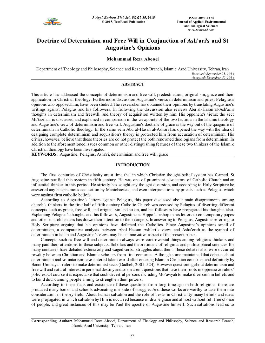 Doctrine of Determinism and Free Will in Conjunction of Ash'ari's and St Augustine's Opinions