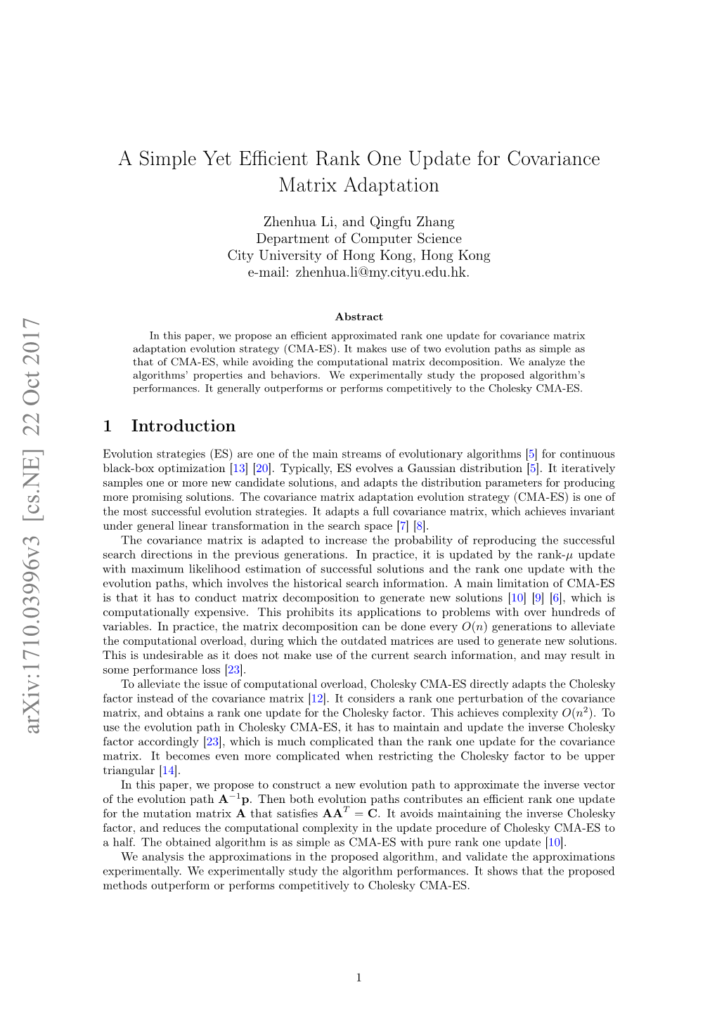 A Simple Yet Efficient Rank One Update for Covariance Matrix