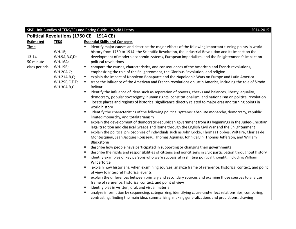 Political Revolutions (1750 CE – 1914 CE) Estimated TEKS Essential Skills and Concepts Time