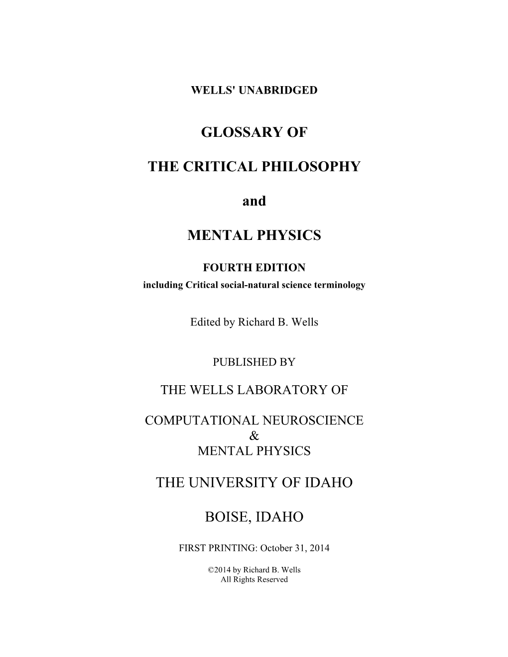 Wells Glossary of Critical Philosophy and Mental