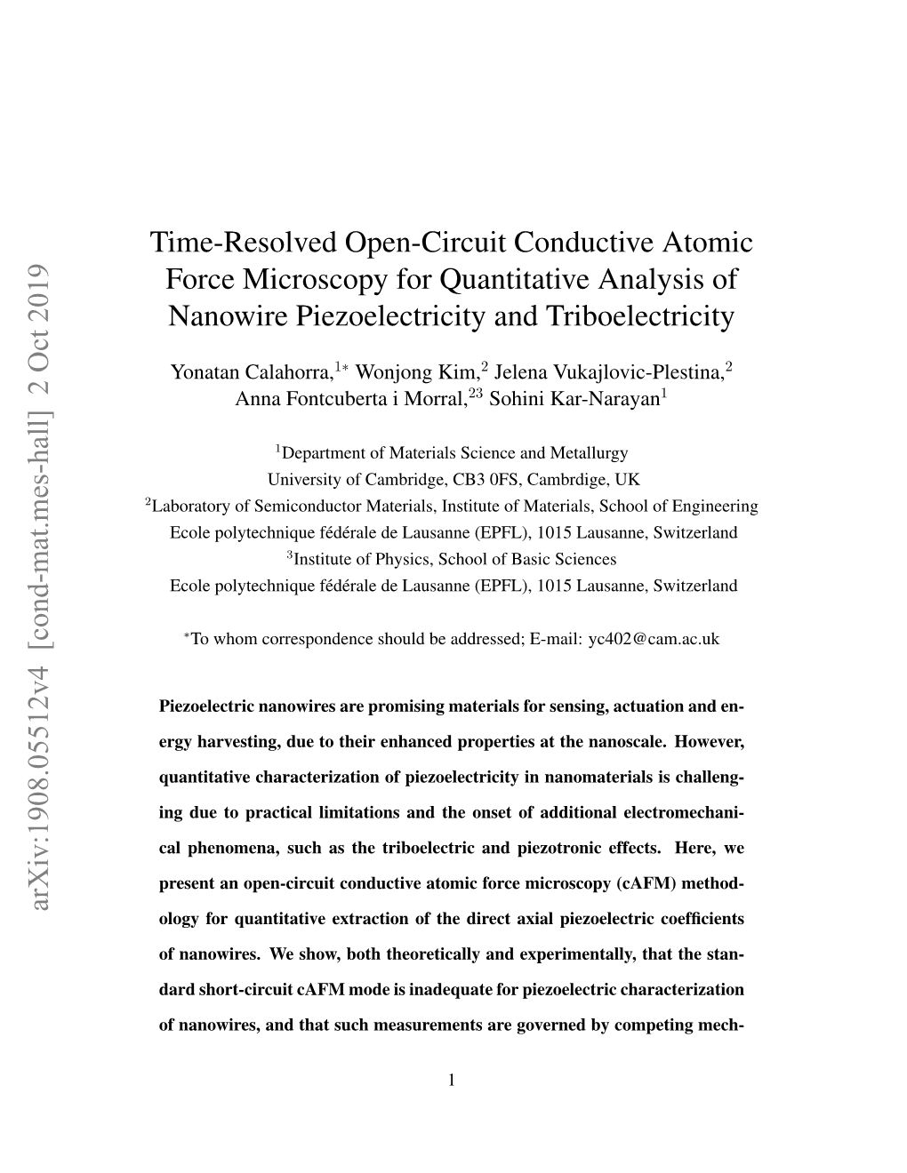 Time-Resolved Open-Circuit Conductive Atomic Force Microscopy for Quantitative Analysis of Nanowire Piezoelectricity and Triboelectricity