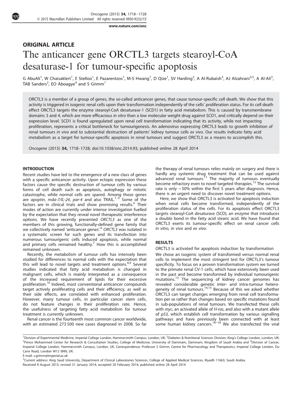 The Anticancer Gene ORCTL3 Targets Stearoyl-Coa Desaturase-1 for Tumour-Specific Apoptosis