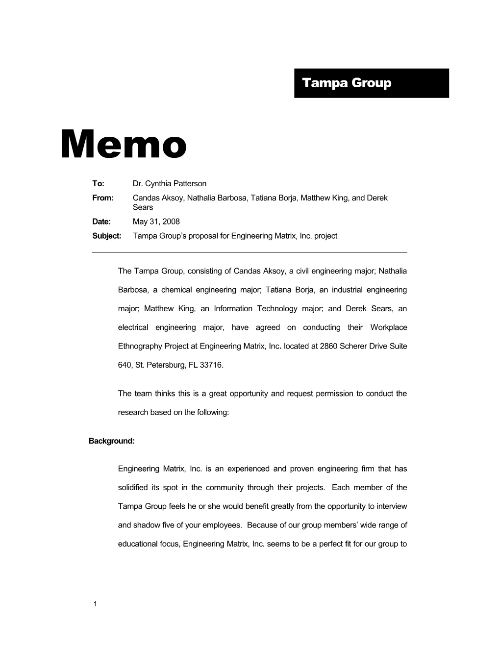 Subject: Tampa Group S Proposal for Engineering Matrix, Inc. Project