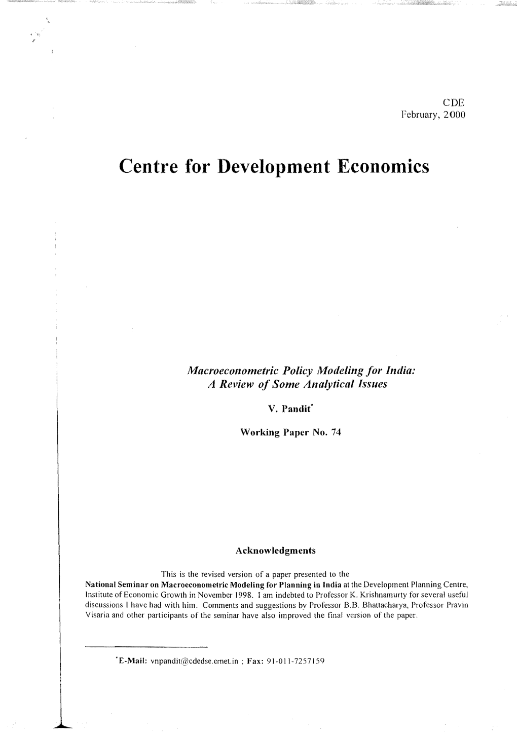 Macroeconometric Policy Modeling for India: a Review of Some Analytical Issues (February 2000)