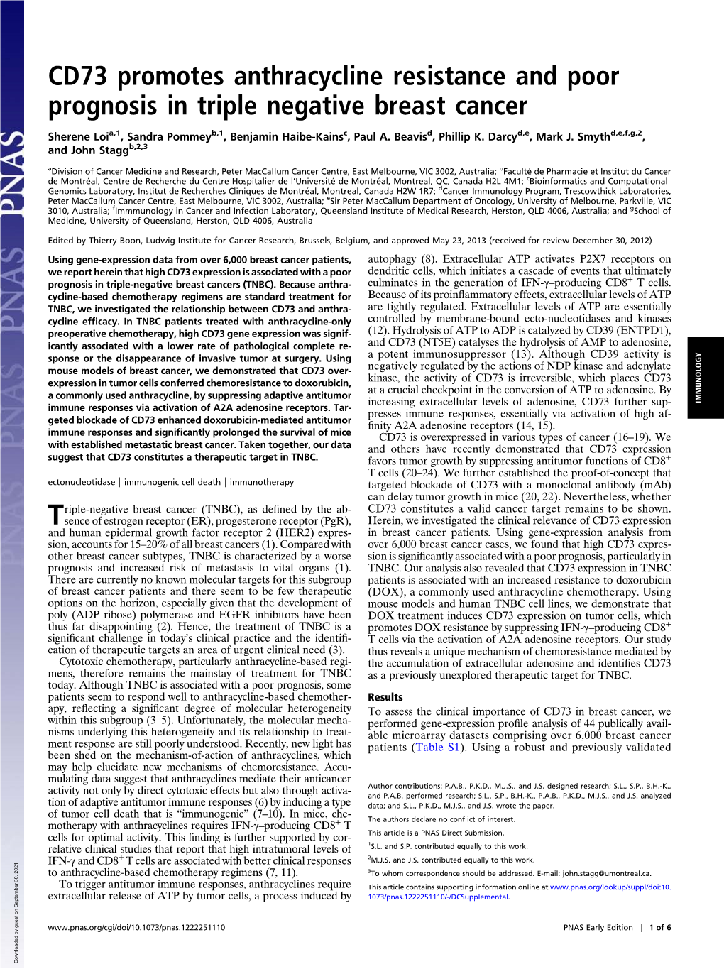 CD73 Promotes Anthracycline Resistance and Poor Prognosis in Triple Negative Breast Cancer