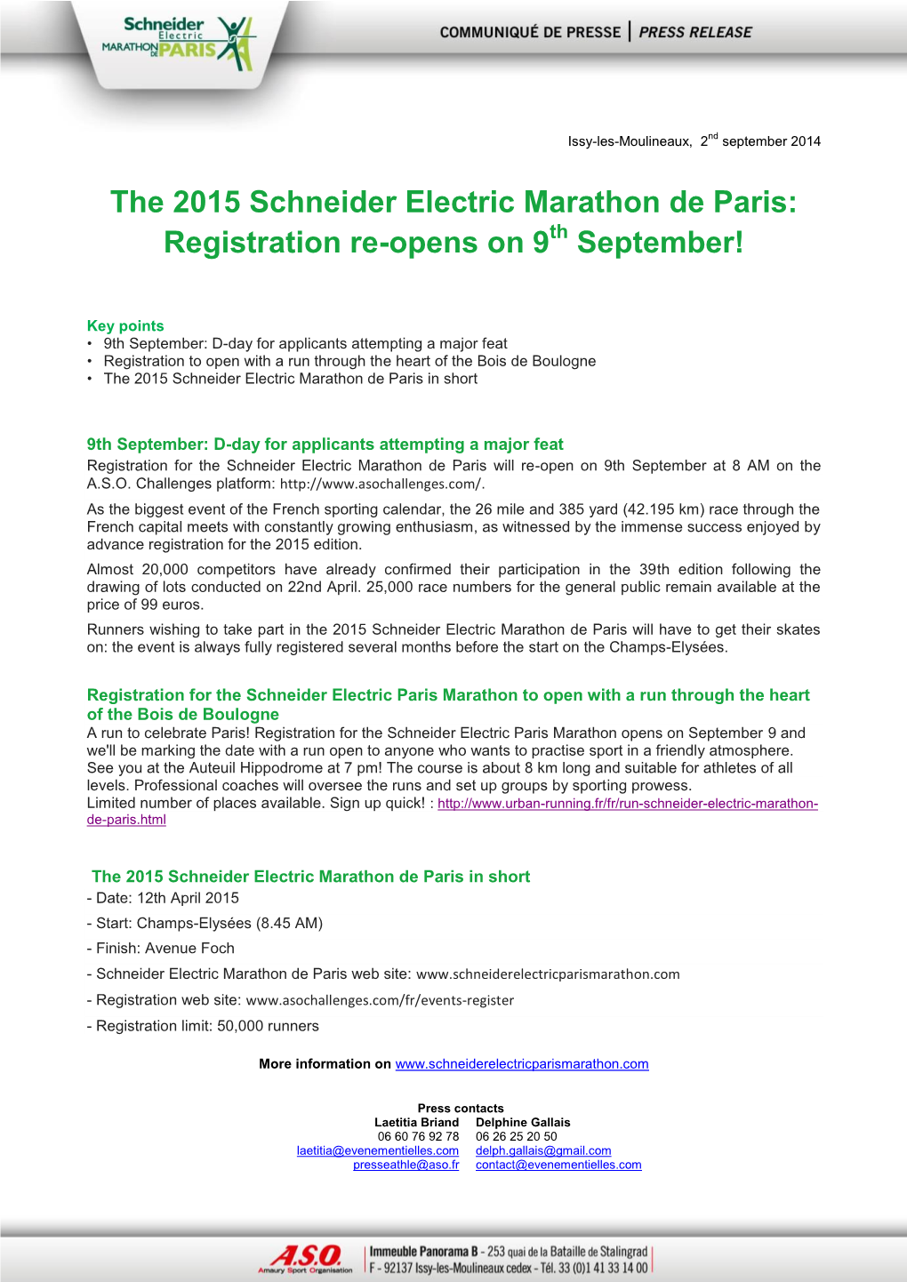 The 2015 Schneider Electric Marathon De Paris: Registration Re-Opens on 9Th September!