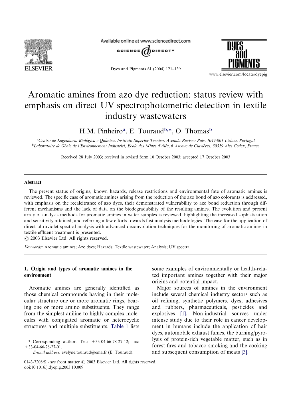 Aromatic Amines from Azo Dye Reduction: Status Review with Emphasis on Direct UV Spectrophotometric Detection in Textile Industry Wastewaters